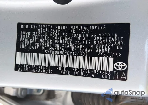 2014 Toyota Corolla S Plus из США, поврежденный, VIN 5YFBURHE1EP170396